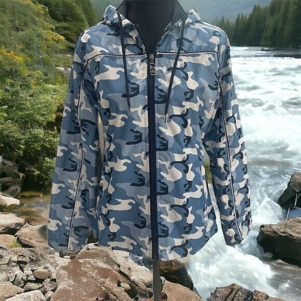 Unisex Blue Camo Hooded Windbreaker Jacket Lightweight Zip S Small‎ Gorpcore